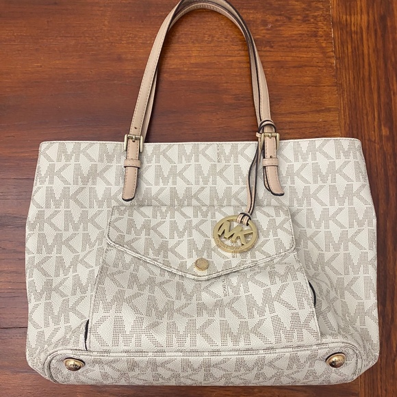 MK Cream and Tan Midsize Logo Tote - Picture 1 of 7